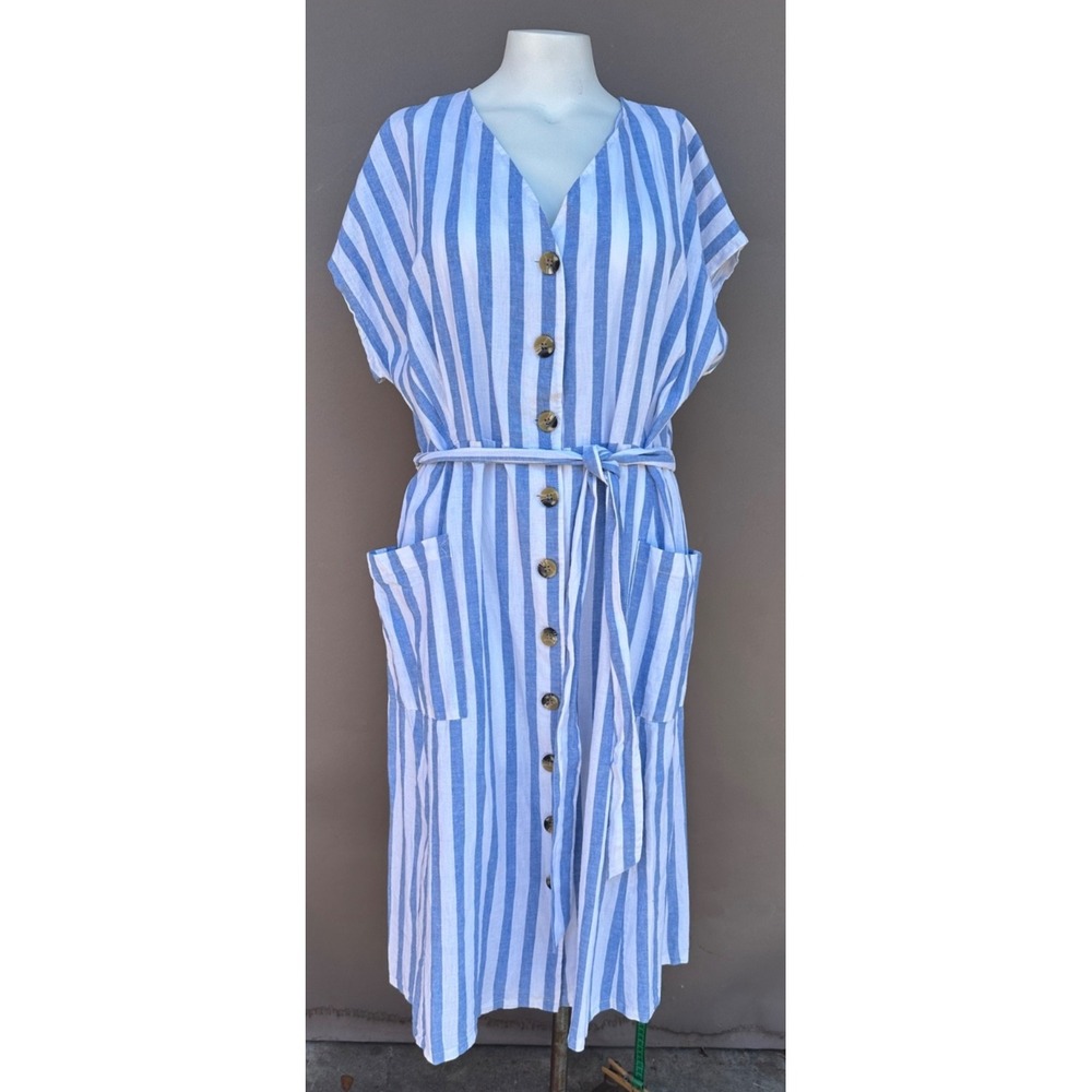 Nina Leonard 1X Blue Striped Button-Up Shirtdress Dress Sleeveless Pockets NEW
